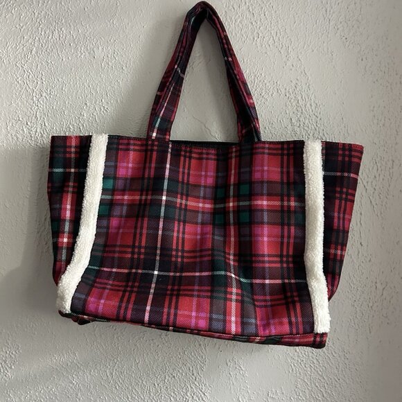 Victoria Secret Flannel Plaid Tote Bag Pink Red Large Snap Structured Preppy Y2K - Picture 5 of 10